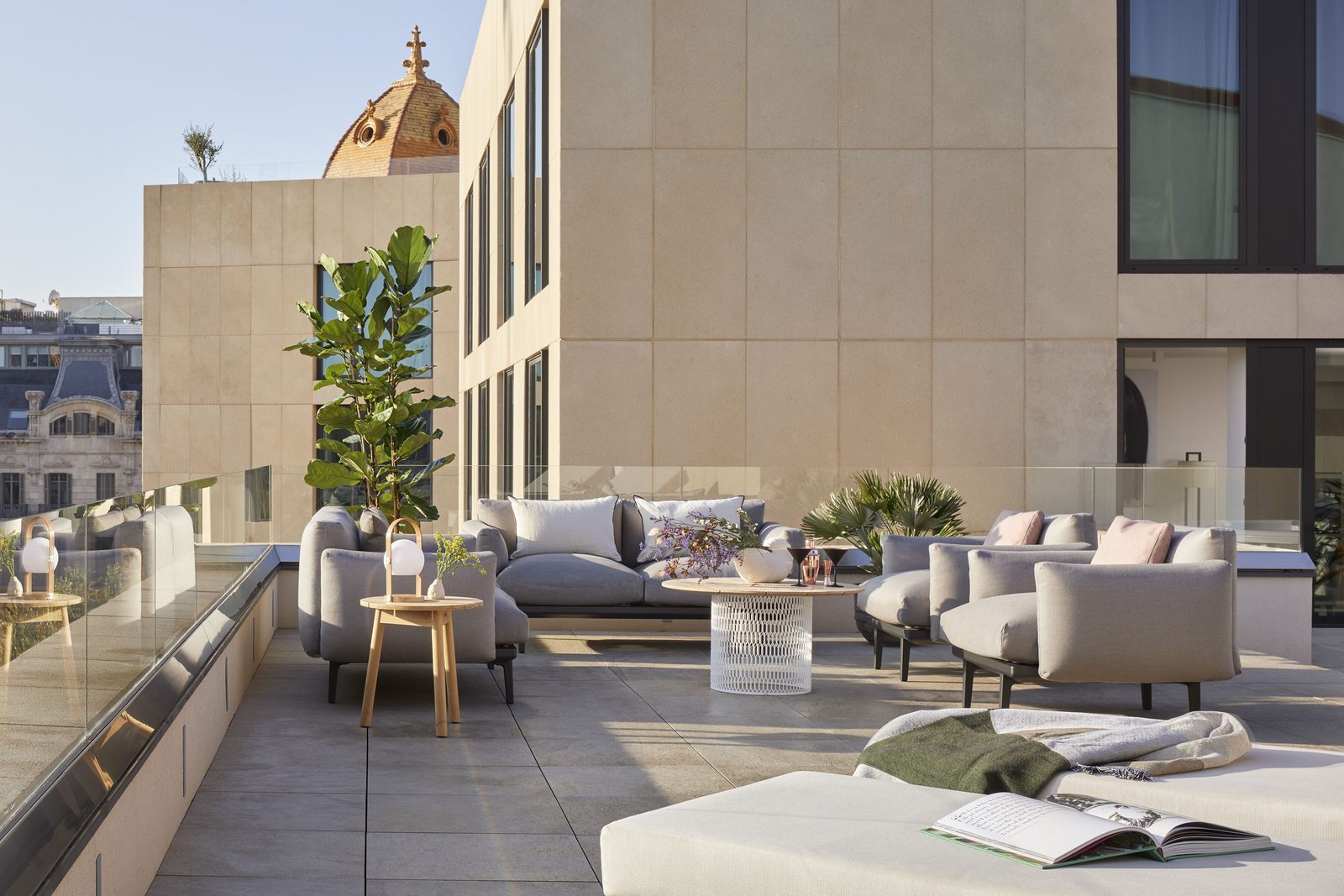 Rooftop lounge with city skyline views